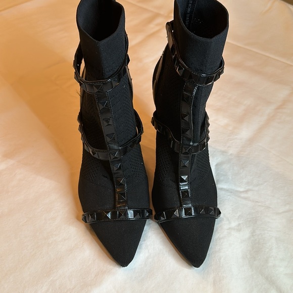Black sock booties with leather straps and studs - Picture 3 of 4